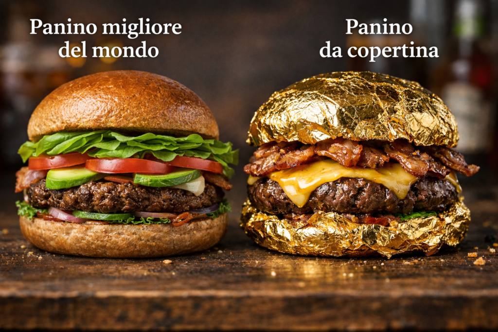 Confronto tra panino artigianale salutare e panino rivestito in foglia d’oro: esempio di food photography per pub e paninerie dove il marketing batte la qualità del prodotto.