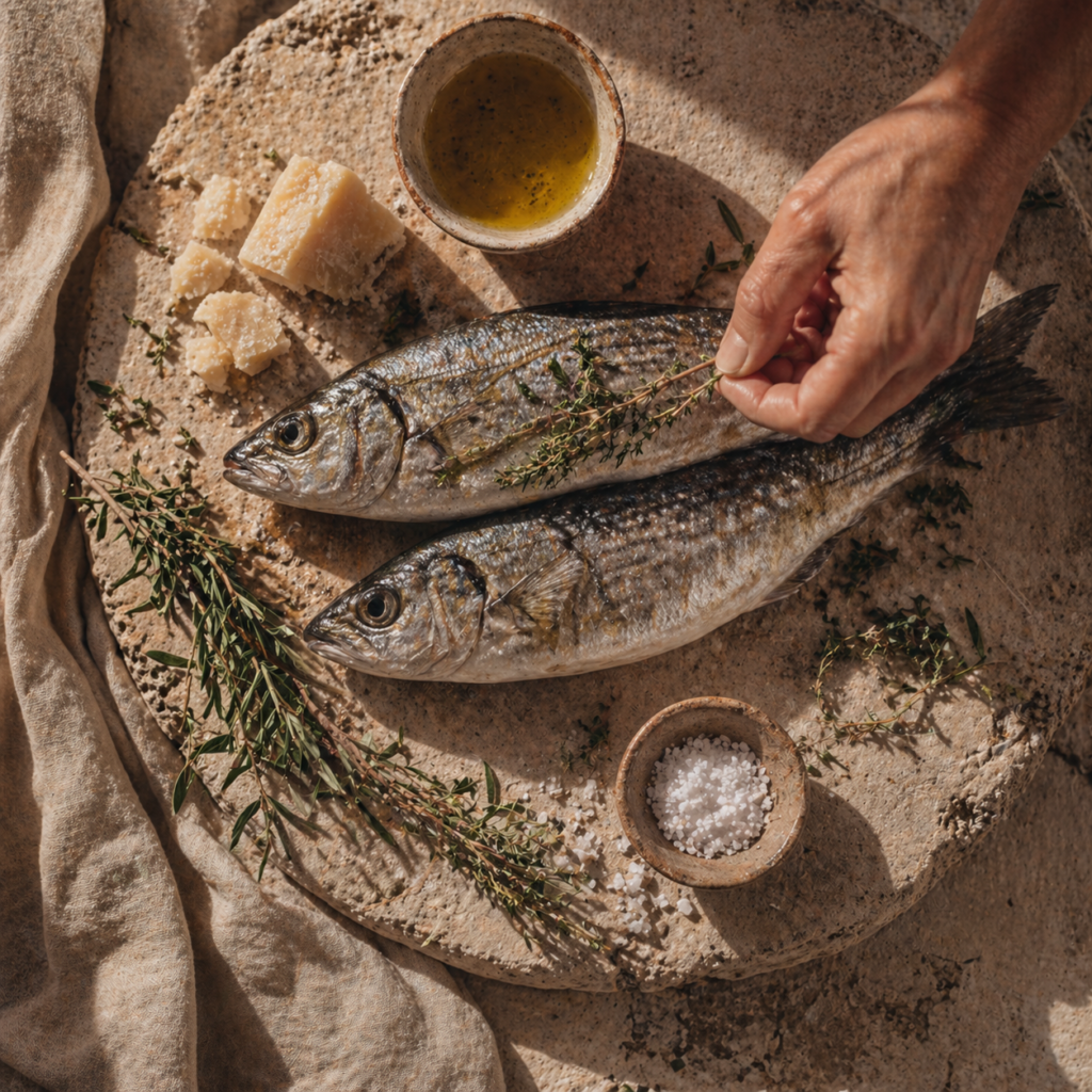 ingredienti cucina mediterranea antica pesce olio oliva formaggio erbe aromatiche fotografia gastronomica Sicilia