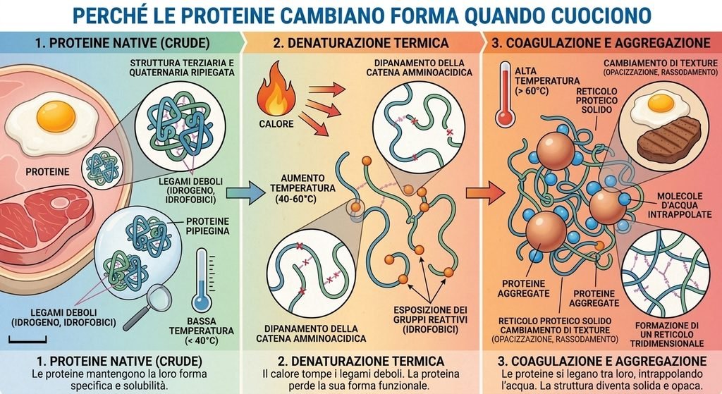 Infografica della trasformazione delle proteine native crude alla coagulazione e aggregazione